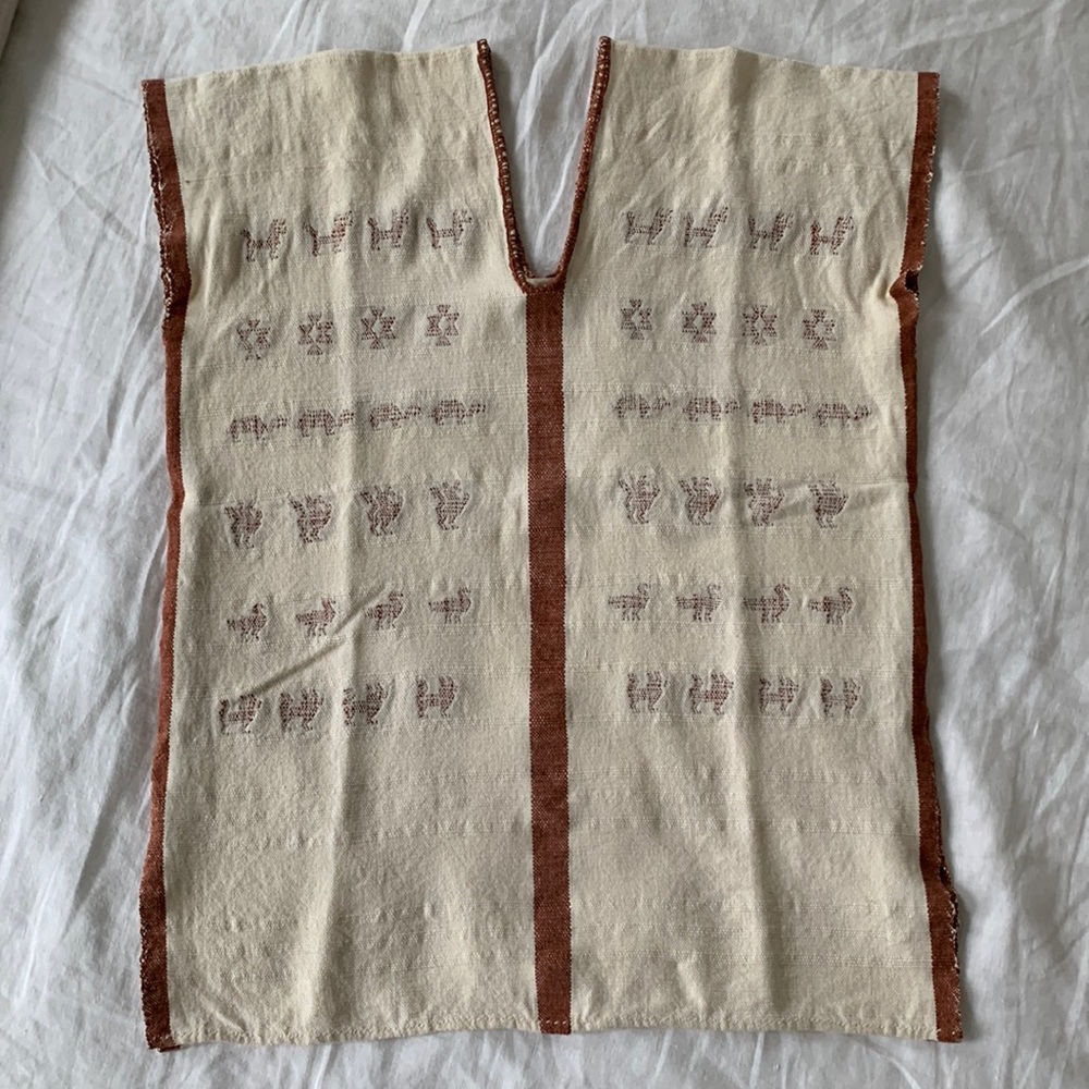 Mexican Cotton Handmade Poncho Kaftan Top Size S (Cream/Rust)
